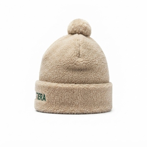 Bonnet en polaire crème personnalisé avec pompon, chaud pour l'hiver, à revers, avec logo brodé - Product Image 5