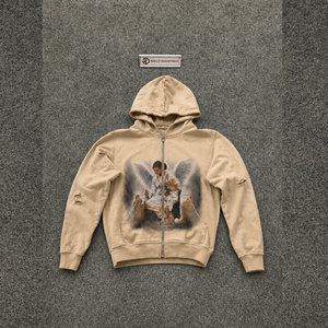 Sweat à capuche zippé en coton French Terry, beige vieilli, avec motif ange, coupe décontractée, style urbain, pour l'automne, motif graphique emblématique, style streetwear - Product Image 5
