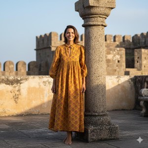 Vintage Women Yellow Cotton Floral Block Print <b>Dress</b> With Puff Sleeve <b>Loose</b> Fit V-Neck Casual Summer <b>Dress</b> - Product Image 5