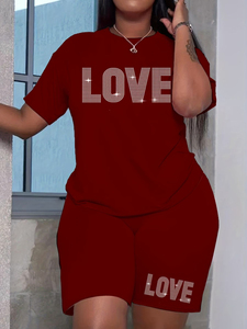 Women 2 Piece Shorts <b>Set</b> Love Rhinestone Print Red Casual Summer Outfit Crew Neck Short Sleeve <b>Knitted</b> Cotton Regular Fit - Product Image 1