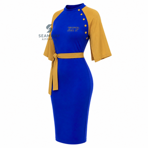 เดรสทรงบอดี้คอนสีน้ำเงินและทองตัดกันของ Sigma Gamma Rho สำหรับผู้หญิง แขนเสื้อแบบเคป แต่งกระดุมผูกเอวทรงเข้ารูป - Product Image 3