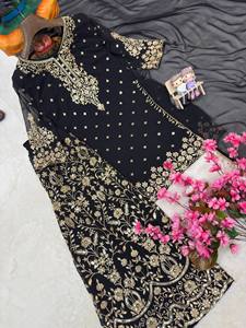 Conjunto de Kurta Tradicional Indio-Pakistaní Negro para Mujer con Bordado Dorado, Largo hasta el Suelo, para Bodas, Corte Holgado, en Rayón - Product Image 6