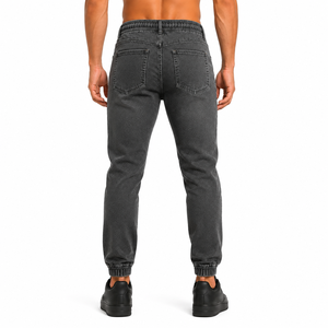 <b>Men's</b> Dark Gray High Waist Slim Fit Denim Joggers With <b>Drawstring</b> Elastic Waist And Cuffed Ankle Casual Style Autumn Wear - Product Image 2