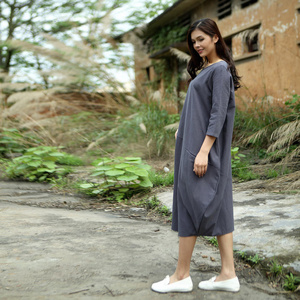 Robe midi décontractée pour femme, coupe ample, col en V, coupe trapèze, avec poches, épaules tombantes, manches cloche, 100% Coton, style vintage, nœud, taille haute, faite main - Product Image 2