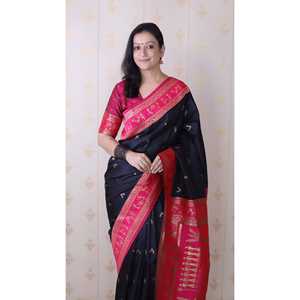 Black Soft Silk Zari Woven <b>Warli</b> Art Traditional Saree Indian & Pakistani Clothing - Product Image 4