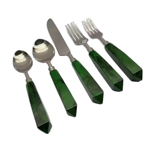 Luxury Stainless Steel Silver <b>Flatware</b> Cutlery Set Simplicity Green Resin Triangle handle Silver Cutlery Set - Product Image 1