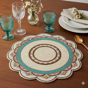 Teal and Coral Floral <b>Beaded</b> <b>Placemat</b> Handcrafted Round Table Decor - Product Image 3