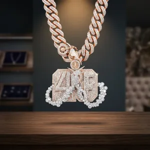 Colgante 409 con Cadena, Joyería Hiphop para Hombre, Amuleto Temático con Número, Oro Rosa, Piedras de Moissanita, Corte Brillante Redondo, Microincrustaciones - Product Image 1