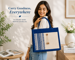 Bolsa de Yute Geométrica Laminada Azul con Asa de Cuerda, Bolsa de Compras Reutilizable Ecológica para Bodas y Exposiciones, Venta al Por Mayor - Product Image 1