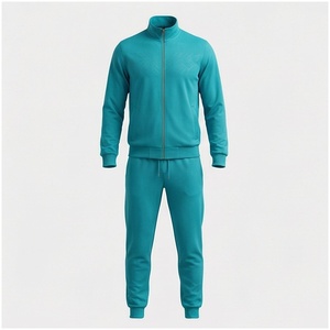 Conjunto Deportivo para Hombre en Color Verde Azulado, Manga Larga, Cuello Alto, Cierre Frontal con Cremallera, Color Sólido, Transpirable, Corte Regular, Ropa Casual para Otoño - Product Image 1