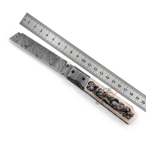 Couteau pliant personnalisé en acier Damas de qualité industrielle - Manche en os de chameau gravé au laser - Longueur totale de 19 cm - Poignée ergonomique - Product Image 3