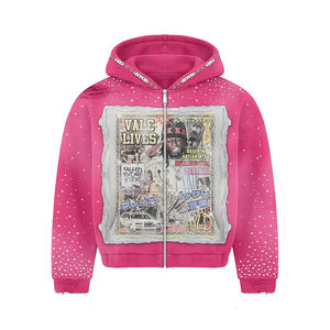 <b>Pink</b> Hooded Zip-Up <b>Sweatshirt</b> with Graphic Print Regular Fit Streetwear Fleece Unisex Winter Eco-Friendly 100% Cotton Long - Product Image 1