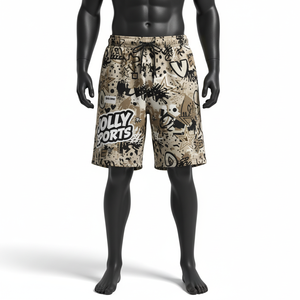 Shorts de bain pour homme en microfibre polyester premium 150 GSM, imprimé graffiti beige, tissu à séchage rapide, sublimation, logo personnalisé. - Product Image 4