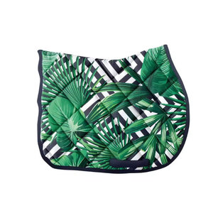 Tapis de selle matelassé à imprimé feuilles tropicales avec bordure marine pour l'équitation - Product Image 1
