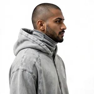 Sudadera con capucha y cremallera YKK, estilo balaclava, con lavado ácido personalizado, vintage, desgastada, de corte holgado, estilo streetwear, oversize, con efecto máscara - Product Image 4