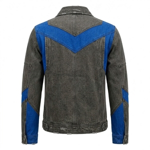 Blouson Biker en Jean Patchwork Bleu Royal Effet Vieilli pour Homme, Fermeture Éclair Croisée Asymétrique Gris Anthracite Délavé, Style Rétro Motard - Product Image 2