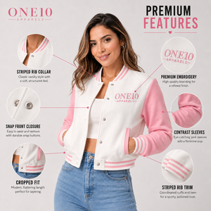 Blouson universitaire pour femme blanc et rose, manches longues bouffantes, col montant, respirant, léger, mélange polyester-coton, bordure côtelée - Product Image 5