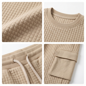 AL SWANS INTERNATIONAL <b>Men's</b> Waffle Knit Crew Neck Sweatshirt Set Beige Casual Winter <b>Joggers</b> Two Piece Outfit <b>Thermal</b> - Product Image 5