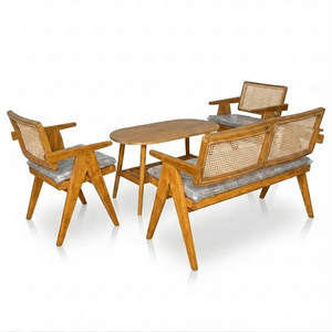Juego de Muebles de Salón Modernos Escandinavos Malmo de Teca y Ratán con Acabado Miel, Mesa de Centro Ovalada Premium, Estante, Sofá de Mimbre, para Hotel o Salón, No Plegable - Product Image 2