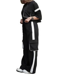 Ensemble 2 pièces pour femmes, style streetwear vintage américain, t-shirt à manches courtes uni + pantalon large à taille haute, été, 100% coton - Product Image 4