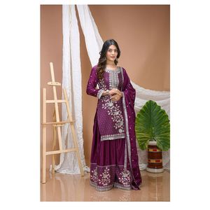 Ensemble ethnique pour femme : haut brodé chinon de qualité supérieure avec travail multi-fils, sharara de 38 pouces à taille élastique et dupatta de 2,2 mètres - Product Image 1