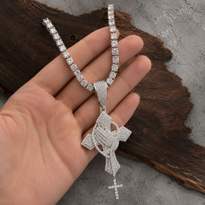 Custom Hip Hop Praying Hands Cross Pendant With Tennis <b>Chain</b> <b>Iced</b> <b>Out</b> Moissanite Silver Necklace Wholesale - Product Image 3