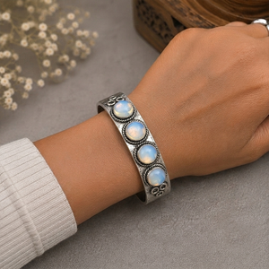 Moon Glow Opalite Four Stone Heritage <b>Cuff</b> Bangle Handmade Gold/<b>Silver</b> Plated Brass Statement Jewelry - Product Image 2