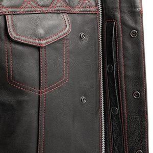Chaleco de Cuero Genuino para Hombre, Estilo Motero, con Costuras Rojas, Cierre de Cremallera, Color Sólido, Prenda Exterior - Product Image 3