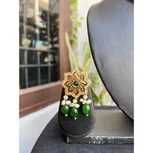 Green Gold Alloy Choker <b>Set</b> With Pearl And Emerald Drops For Women Bridal Wedding Ethnic Jewelry - Product Image 2