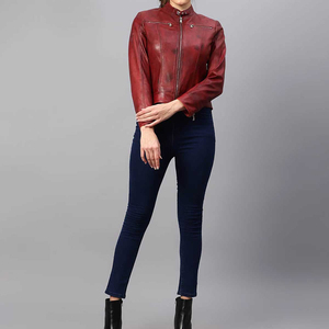 Women's <b>Red</b> Genuine Leather Moto Jacket Full Sleeve Stand Collar Zipper Closure Autumn Style - Product Image 1