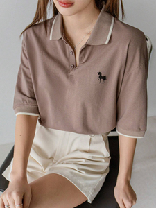 เสื้อโปโลผู้หญิงทรงหลวม แขนสามส่วน ผ้าฝ้าย 100% ปักลาย สีพื้น สวมใส่สบายๆ สำหรับฤดูใบไม้ผลิและฤดูร้อน - Product Image 4
