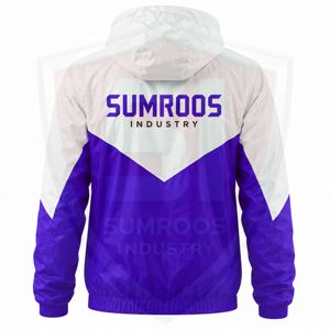 Chaqueta cortavientos unisex con capucha, color morado y blanco, a prueba de viento, para exteriores, con cremallera deportiva, personalizable de fábrica. - Product Image 5