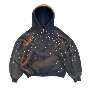 Sweat à capuche oversize pour homme avec strass, en molleton de coton délavé style vintage, idéal pour l'hiver, coupe classique, avec poches, écologique - Product Image 1