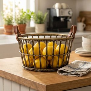 Cesta de Alambre de Hierro Hecha a Mano de 28 cm con Asas de Cuero y Varillas de Cuerda de Latón Antiguo, Material Metálico para Decoración del Hogar, Hoteles y Bodas - Product Image 2
