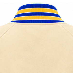 Chaqueta universitaria de forro polar para mujer en blanco roto, azul real, amarillo y blanco con bordado de chenilla, forro de cinta personalizado y cremallera completa, estilo casual. - Product Image 4