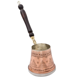 Hermosa cafetera turca, griega y árabe de cobre y latón para estufa, Cezve Ibrik Briki con mango de madera - Product Image 3