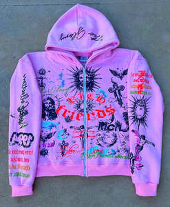 Sudadera con capucha con cremallera y estampado gráfico Vintage personalizable, ropa de calle multicolor para invierno, sudadera con patrón de letras DTF - Product Image 1