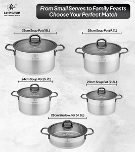 Ensemble de casseroles de luxe en acier inoxydable 18/10 de 10 pièces avec couvercles en verre, poignées en acier noir et base compatible induction - Product Image 2