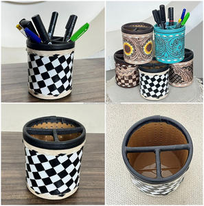 2026 Handcrafted Cow Leather <b>Pen</b> Holder Desk Organizer with Black <b>White</b> Checkered Designer Handmade Office Storage Accessory - Product Image 3