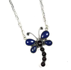 Collar con colgante de mariposa de plata de ley 925 con lapislázuli azul y granate granate, engaste en bisel, para mujer, uso diario - Product Image 1