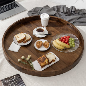 Factory Wholesale Dark Brown Wooden Round Decorative Tray <b>Large</b> Solid Wood Serving Tray With Handles For Coffee Table & Kitchen - Product Image 2