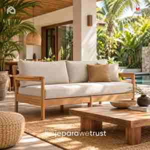 Sofá Moderno de Madera de Teca Sólida de 2 Plazas con Cojines Tapizados en Beige para Sala de Estar, Villa, Hotel, Resort - Product Image 1