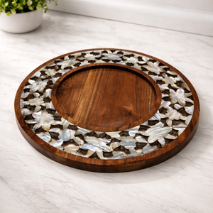 Plateau de service et de rangement haut de gamme en bois et nacre, avec incrustations, pour chocolats, dattes, calligraphie arabe, plateau circulaire moderne pour chocolats - Product Image 2