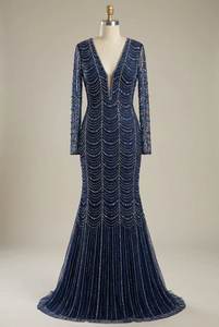 Robe de soirée sirène bleu marine faite main, ornée de sequins et de perles, col en V profond, la plus vendue – Fournisseur - Product Image 2