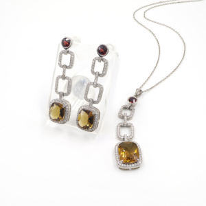 925 Sterling Silver Natural Beer Quartz <b>Garnet</b> Pendant <b>Earring</b> Set Rhodium Plated OEM ODM Fine Jewelry - Product Image 2