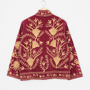 Women Velvet Embroidered <b>Jacket</b> <b>Mandarin</b> <b>Collar</b> Lantern Sleeve Floral Boho Style Autumn Coat Handmade Suzani Pattern - Product Image 5