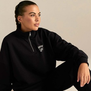 Women's Black Fleece Quarter-<b>Zip</b> Sweatshirt <b>Front</b> Logo Oversized Stand Collar Regular Sleeve Autumn Wear - Product Image 2
