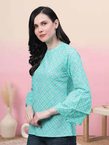 Ensemble long 2 pièces pour femme, imprimé géométrique, haut formel bleu ciel en coton, confortable, respirant, pour un usage quotidien estival, élégant - Product Image 3