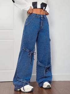 Jean en denim taille haute pour femme, bleu foncé moyen, coupe large, décontracté, avec bretelles à nœud, style cargo streetwear - Product Image 4