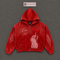 Sweat à capuche zippé graphique Red Love, style streetwear vintage délavé, coupe oversize, imprimé cœur, fermeture éclair intégrale, unisexe, décontracté